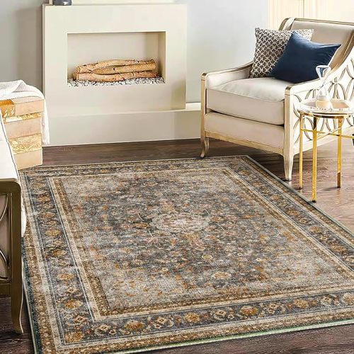 Area Rug 4x6 Washable Rug Gray Vintage Traditional Floor Cover Foldable Thin Retro Accent Indoor Distressed Non Slip Carpet Floral Print Mat Bedroom Living Room Bathroom