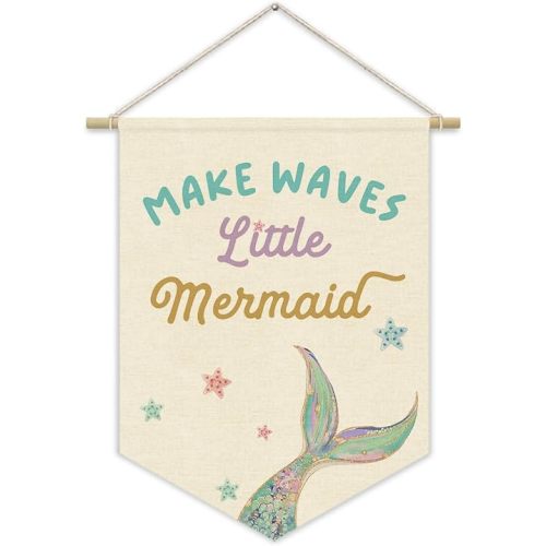 Little Mermaid Wall Decor Banner for Girls Room, Nursery Decor Pennant Banner,Cute Ocean Princess Playroom Wall Hanging, Make Waves Mermaid Bedroom Bathroom Decor for Baby Girls 15x11