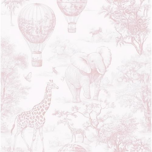RollsRolla Safari Animal Peel and Stick Wallpaper, Elephant and Giraffe Theme, Fabric, Removable, 16.5 x 120 Inches (Pink)