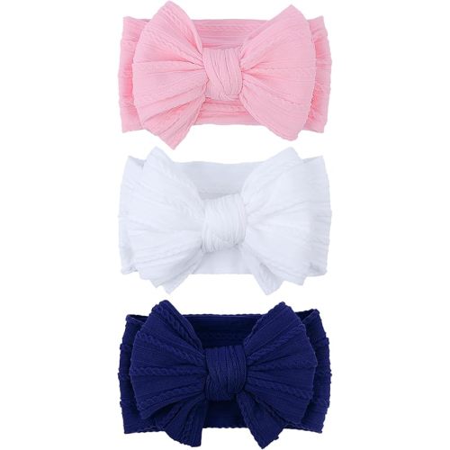 LemonSpace Handmade Baby Headband Bows Stretchy Soft Nylon Headwarps for Baby Girls Baby Hair Bows for 0-6 Months Newborn Infant Toddler Hair Accessories,Classic Color White Pink Blue