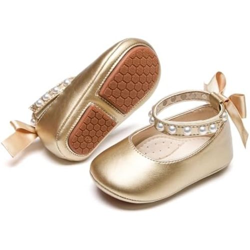 Baby Girls Mary Jane Flats - Infant Newborn Walking Shoes Soft Rubber Sole Princess Wedding