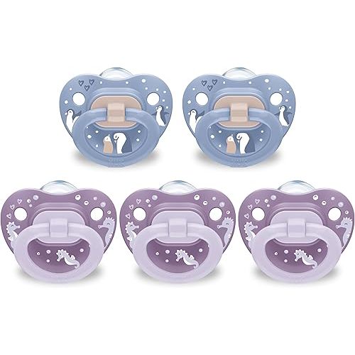 NUK First Choice Classic Orthodontic Pacifier, 6-18 Months Baby Pacifier, Purple & Blue, Baby Must Haves, 5-Pack