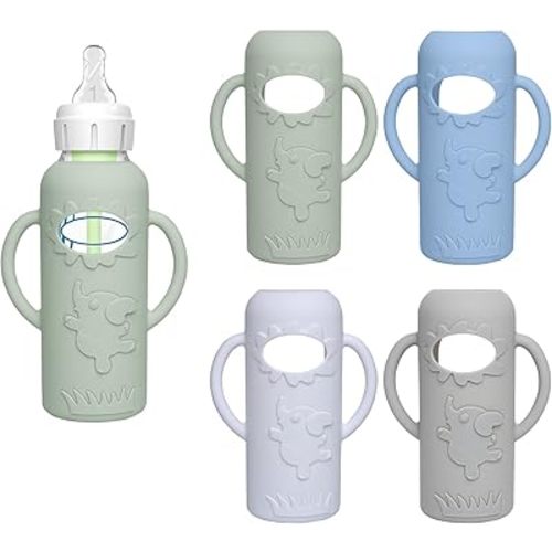 WAJIAYON 4 Pack Silicone Sleeves for Dr. Brown's Glass Baby Bottles -Drop Protection Easy-Grip Baby Bottle Sleeves Holder with Handles, Compatible with Dr. Brown's Newborn Glass Bottles 8 oz/250 mL