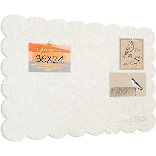 Scalloped Bulletin Board, 36 x 24 Inches Felt Pin Board - Decorative Cork Alternative for Wall, 3' x 2' Foldable Picture Self-Adhesive Vision Prayer Board with 20 Pushpins - Oatmeal
