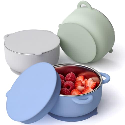 Bakpoco 2-in-1 Stainless Steel Baby Bowls, Leak-Proof Lids & Suction Silicone Bowl, 13.5oz Toddler Bowls Kids Food Snack Containers Self Feeding Essentials, 3Pack Soft Meadow