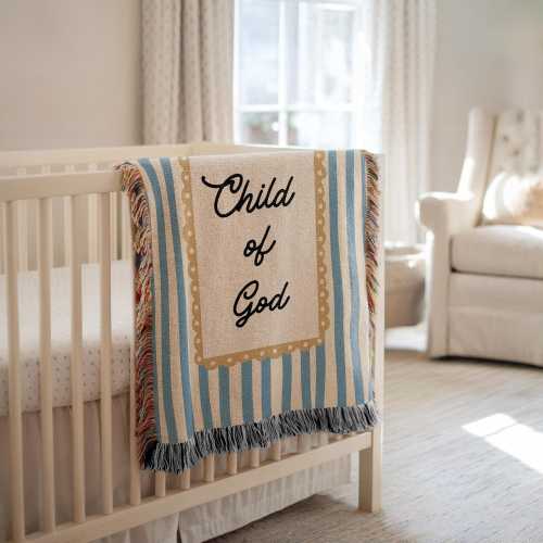 Child of God Woven Blanket, Christian Baby Throw, Vintage Stripe Newborn Blanket, Baptism & Baby Shower Gift