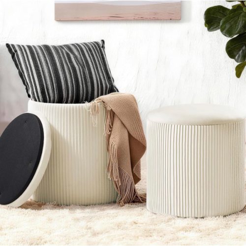 Set of 2 - Round Storage Ottoman with Lid, Velvet Footrest Pouf for Makeup Room & Living Room, Multi-Use Small Chair with Hidden Storage（Beige）