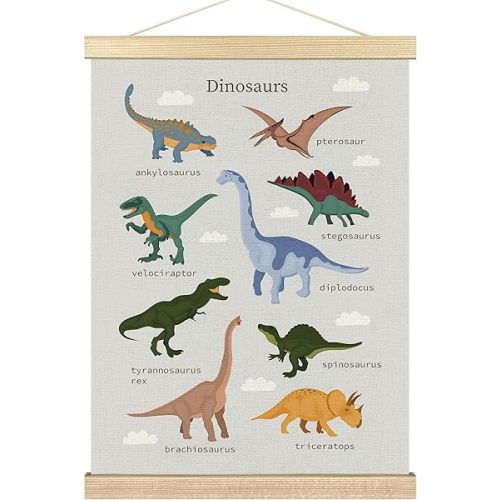 BCUANGD Dinosaurs Dino Wall Decor - Toddler Baby Boys Room Wall Art Poster Hanger with Wood Frames, Inspirational Animals Wall Hanging Canvas Decor for Kids Room Nursery Bedroom, 12x16 Inches