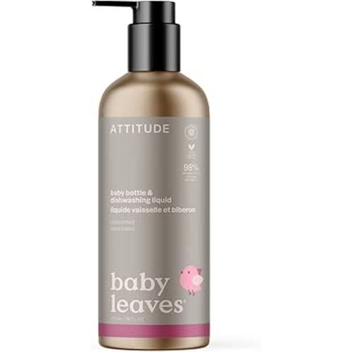 ATTITUDE Baby Dish Soap and Bottle Cleaner, EWG Verified Dishwashing Liquid, No Added Dyes or Fragrances, Tough on Milk Residue and Grease, Vegan, Refillable Aluminum Bottle, Unscented, 16 Fl Oz
