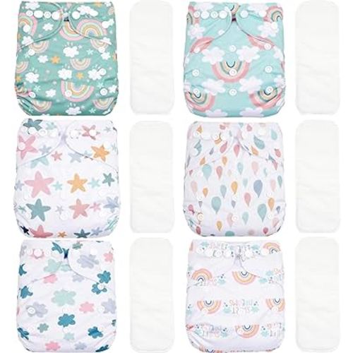 12 Set Reusable Adjustable Cloth Diapers for Newborn to 0-3 Years,One Size Washable Pocket Nappy Covers for Baby Girl and Boy,6 Pack Cloth Diapers+6pcs Microfiber Inserts(Green 2)