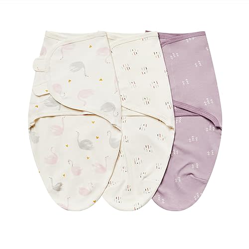 insular Baby Swaddle Wrap, Swaddle Blanket for Newborn and Infant, Adjustable Velcro Swaddling Set for Boy and Girl, Soft Cotton Baby Sleep Sack 3 Pack, Beige Swan, Medium(3-6 Month)