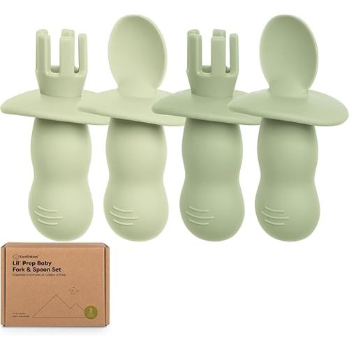 KeaBabies 4-Pack Silicone Baby Spoons and Forks Set - Baby Led Weaning Utensils 6-12 Months, Self Feeding Toddler Spoon & Fork for Training, Teething, Easy to Hold, BPA-Free Silicone (Sage)