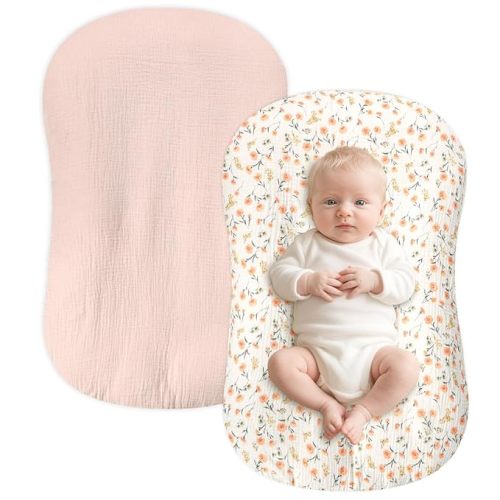 Hooyax Baby Lounger Cover 2 Pack - 100% Muslin Cotton Newborn Lounger Pillow Covers Only, Soft Breathable Infant Lounger Cover with Reinforced Stitching, Fits Most Standard Baby Loungers (Pink Floral)