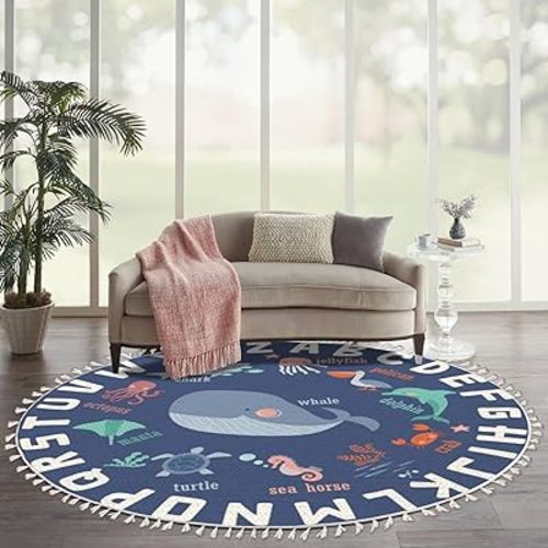 Ocean Theme Round Rugs ABC Rug Whale Alphabet Boho Area Rug Linen and Cotton Carpet Educational Rug Washable Hallway Runner Mat Neutral Accent Rug for Boys Girls Bedroom Nursery Playroom 6ft