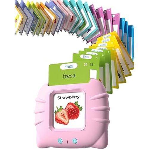 Bilingual Pink Spanish and English Talking Flash Cards, Pocket Speech Therapy Tools with 510 Words, Montessori Language Learning Aids, Children's Sensory Learning Kits