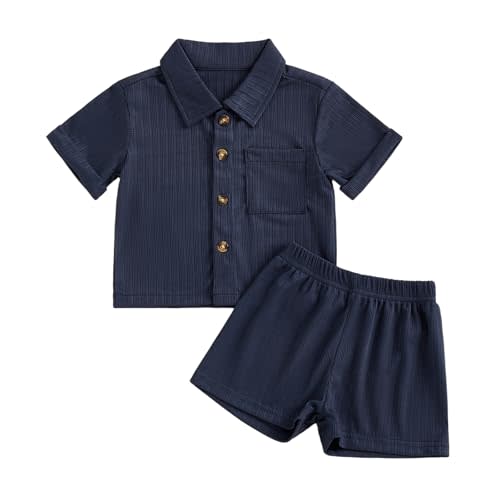 fhutpw Baby Boy Clothes Toddler Infant Leisure Ribbed Button Down Shirt Tops + Shorts Set 2PCS Summer Soft and Smooth Outfit