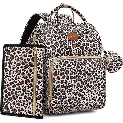 ROSEGIN Diaper Bag Backpack with Changing Pad, Pacifier Case, Baby Bag for Boy Girl Toddler - Large, Stylish, Waterproof Travel Quilted Diaper Bag for Mom - Baby Shower - Cheetah