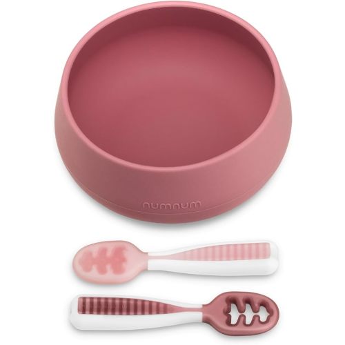 NumNum Baby Bowl & 2 Pack GOOtensils Baby Spoons, Suction Bowls for Baby 4+ Months, Extra Strong Non-Slip Suction, 100% Food-Grade Silicone, BPA-Free, Microwave & Dishwasher Safe (Mauve)