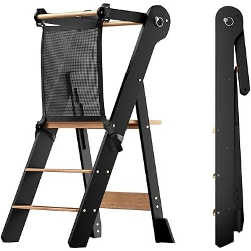 COSYLAND Foldable Toddler Standing Tower - Adjustable Height Folding Step Stool Kid Toddler Kitchen Stool for Learning and Cooking - Ages 18 Months to 6 Years with Safety Net Natural & Charcoal