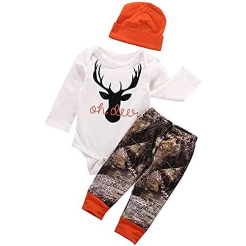 Zekky Newborn Baby Boy Deer Printed Grey Tshirt Top Camouflage Pants Hat 3Pcs