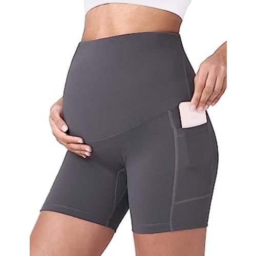 POSHDIVAH Women's Maternity Yoga Shorts Over The Belly Bump Summer Workout Running Active Short Pants with Pockets 5"/8"