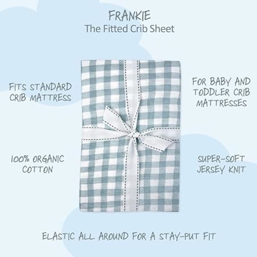 Frankie Fitted Crib Sheet 100% Organic Cotton for Baby & Toddler Mattress, Breathable for Boys & Girls, Blue Check, One Size
