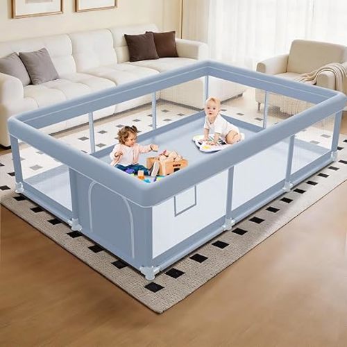 XVISHX 50 x 50 Inch Baby Playpen with Mat, Playpen for Babies and Toddlers, Baby Playard for Indoor & Outdoor Active Center Game Fence, with Skin-Friendly Fabric and Soft Breathable Mesh, Grey