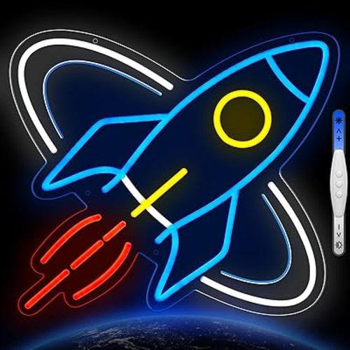 Rocket Neon Signs for Wall Decor, Space Universe Decor Neon Sign Light for Boy’s Bedroom, Gifts for Teen Kids, Dimmable USB Powered LED Light (Z001)