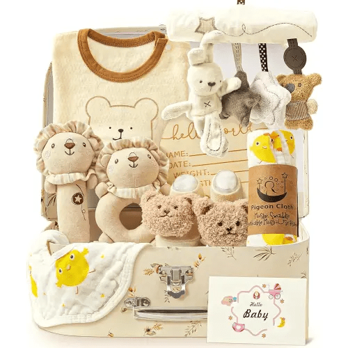 Golray 9pcs Newborn Baby Gift Baskets for Boys Girls Baby Shower, 2 Rattle/Seat Hang Toy/Blanket/Onesies/Bib/ 3D Socks/Wood Milestone/Carry Box, Neutral New Born Essential Stuff Unisex Baby Gifts Boy