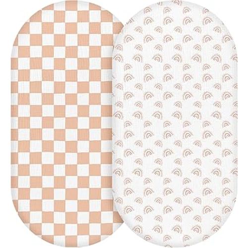 Muslin Bassinet Fitted Sheets, 2 Pack for Baby Boy and Girl, Soft Breathable Baby Pad/Mattress Sheet, Fit for Hourglass Oval and Rectangle Bassinet Mattress (Lattice Rainbow)
