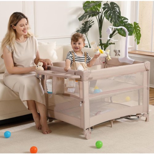 5 in 1 Pack and Play, Portable Travel Baby Bassinet, Foldable Travel Playard Playpen for Toddler, Bedside Crib Sleeper, Diaper Changer Table, Baby Playard for Newborn (Champagne)