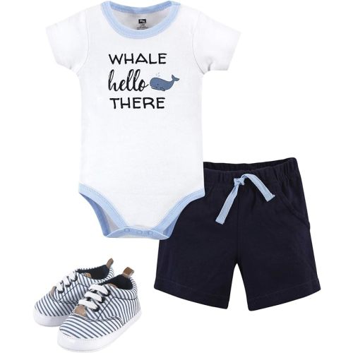 Hudson Baby Unisex Baby Cotton Bodysuit, Shorts and Shoe Set