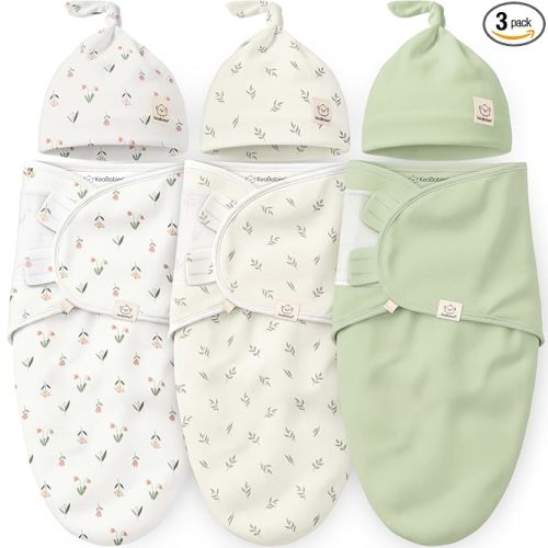 KeaBabies 3-Pack Organic Swaddles for Newborns Girls, Boys with Hats - Soft Cotton Baby Sleep Sacks 0-3 Months, Breathable Baby Hats and Swaddles 0-3 Months, Newborn Essentials Must Haves (Fleur)