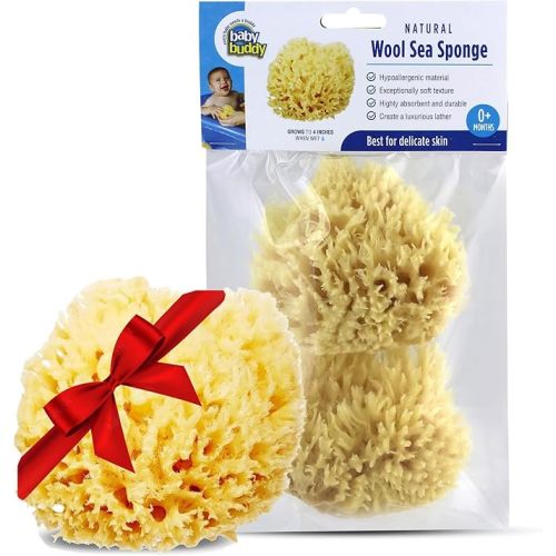 Baby Buddy Absorbent Natural Bath Sponge, Ultra Soft Premium Sea Wool Sponge, Soft on Baby's Tender Skin, Bath Accessories Baby and Kids, Infant Bath, Biodegradable, Hypoallergenic, 2pk, 4in