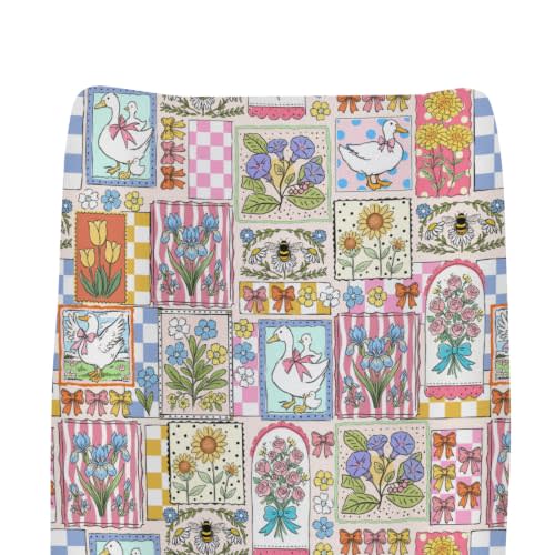 Pastel Geese Flowers Changing Pad Covers for Baby Girls Boys Cottagecore Duck Bows Floral Bees Fitted Changing Table Cover Mats Spring Farm Animals Soft Diaper Change Table Cover Sheets 32''×16''