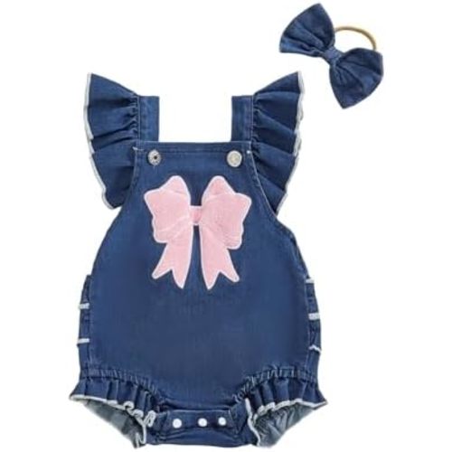 Infant Baby Girl Summer Outfit Denim Bow Embroidery Ruffle Sleeveless Romper Bodysuit Bow Headband Set