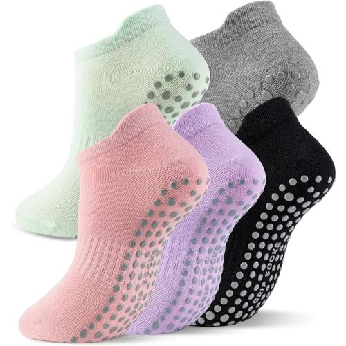 5 Pairs Pilates Socks with Grips for Women Non Slip Grip Yoga Crew Socks for Barre Hospital Barefoot