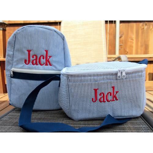 Personalized Seersucker Backpack and Lunch Tote Set by Kute Kiddo