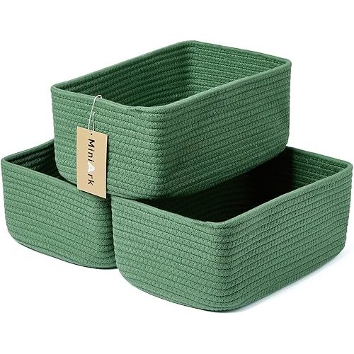 MiniArk Small Storage Baskets for Organizing | Closet Organizer Bins | Shelf Toy Basket | Woven Rope Baskets | Cube Decorative Box | Shallow Basket | 11.5x7.5x4.7” | 3 Packs Green