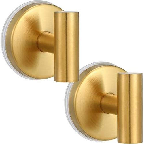 Large Suction Cup Hooks, Heavy Duty 15lb Holds Towel & Robe, No-Drill Shower Bathroom Hooks for Tile Wall Glass Mirror, Mounts on Smooth Non-Porous Surfaces (2, Brushed Gold)