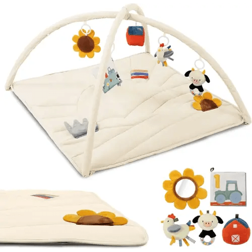 Beautiful Baby Play Gym and Tummy Time Mat - Soft Mat with 5 Farm Toys Creates The Perfect Activity Area for Your Girl/Boy - Stylish Infant Floor Playmat Fits Nicely with Any Playroom Decor