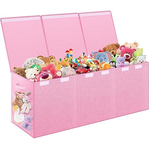 Extra Large Toy Box, Toybox for Kids Boys Girls, Collapsible Sturdy Toy Storage Organizer with Mesh Pockets, 40"x14"x16" Kids Storage Boxes Bins Baskets for Nursery, Playroom, Pink