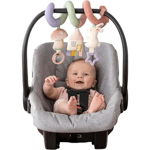 Itzy Ritzy Spiral Car Seat & Stroller Activity Toy - Stroller & Car Seat Toys for Ages 0 Months and Up - Hanging Toys Include Dangling Ring, Mirror and Textured Ribbons (Pastel Rainbow)