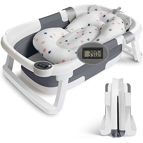 Befol Collapsible Baby Bathtub for Infants to Toddler, Portable Travel Bathtub Multifunctional Bathtub with Drain Hole, Baby Folding Bathtub for Newborn 0-36 Month (grey+Floating Baby Bath Cushion)