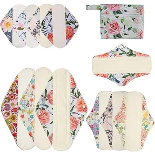 12 Pack Cloth Menstrual Pads,Reusable Sanitary Pads,4 Pieces Panty Liners + 4 Pieces 10 Inch Regular + 3 of 14 Inch Overnight and 1 of Mini Bag,Unscented