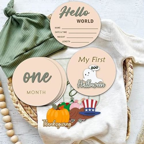 Monthly Baby Milestone Maker Discs, Baby Milestone Signs for Newborn Baby, Hello World Newborn Sign for Girl & Boy, Baby Announcement Sign for 1-12 Month, Milestone Wooden Circles (Sage)