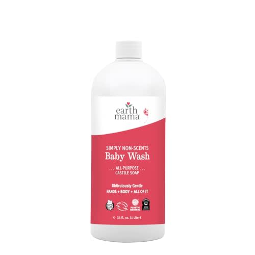 Earth Mama Simply Non-Scents Baby Wash Liquid Hand Soap Refill, Organic Body Wash for Sensitive Skin, All Purpose Castile Soap Liquid with Coconut Oil, Shea Butter, Calendula & Aloe, 34 fl oz