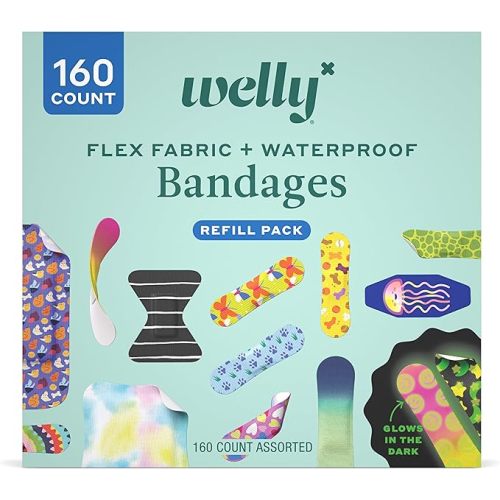 Welly Bandage Large Refill Pack | Adhesive Flexible Fabric, Glow-in-The-Dark & Waterproof Bandages | Assorted Shapes and Patterns for Minor Cuts, Scrapes, and Wounds - 160 Count