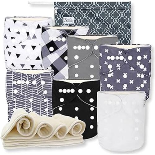 Nora's Nursery Cloth Diapers 7 Pack with 7 Inserts & 1 Wet Bag - Waterproof Cover, Washable, Reusable & One Size Adjustable Pocket Diapers for Newborns and Toddlers - B&W Unisex 2