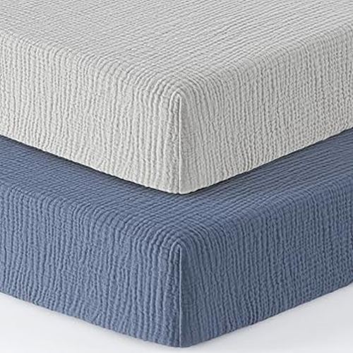 Bearmoss Muslin Mini Crib Sheets for Pack N Play Mattress - 100% Cotton - 38"x26" Soft Breathable Playard Baby Crib Sheets Neutral for Boys Girls - 2 Pack (Blue Elephant)